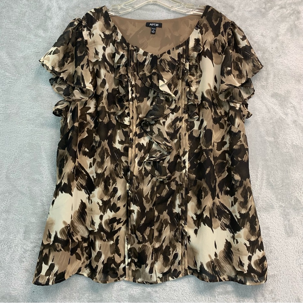 Apt. 9 Women's Ruffled Animal Print Blouse Size Plus 1X Short Sleeves Lined
